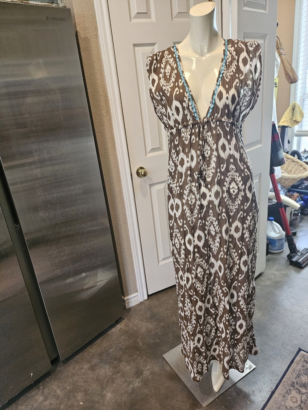 PJ Salvage Gorgeous Bohemian Maxi Dress Abstract Brown & Cream Size S